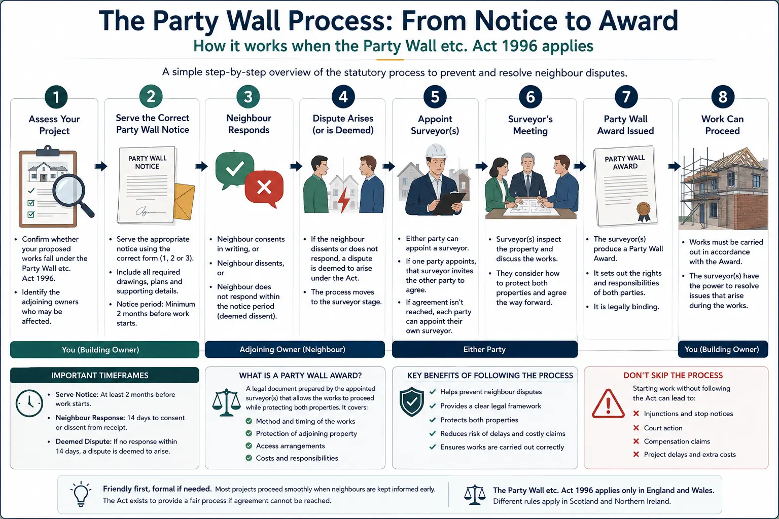 Do I Need a Party Wall Agreement? An infographic showing the party wall process from notice to award in a very interactive way for the citizens living in Bolton, UK