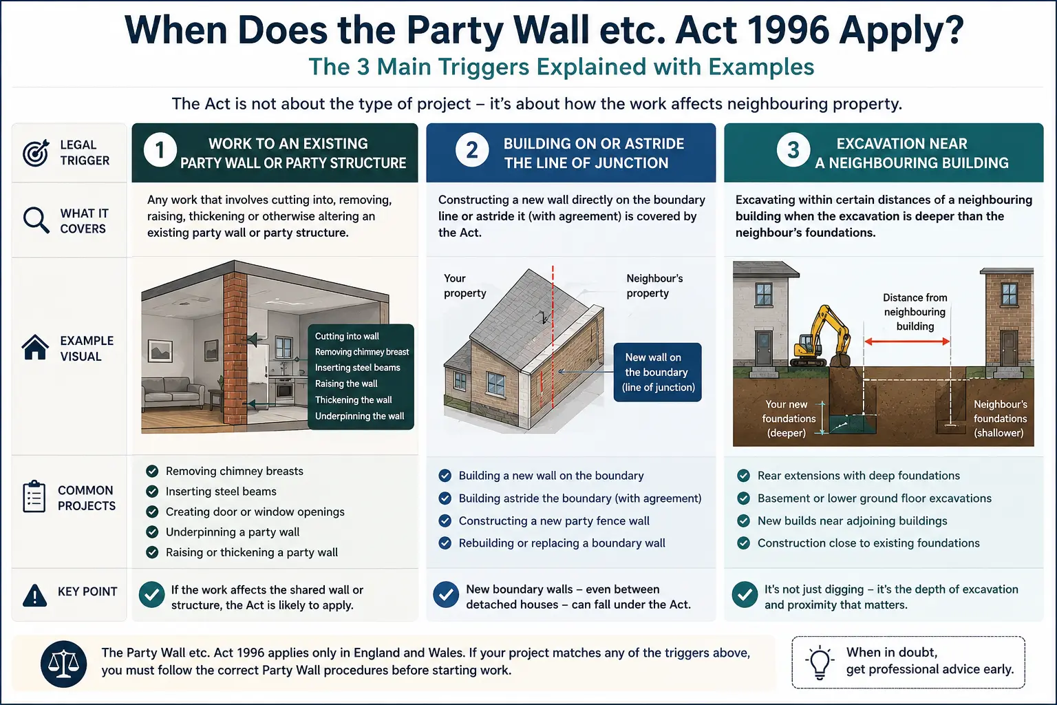 Do I Need a Party Wall Agreement? An infographic showing when does the party wall etc act 1996 apply like excavation, junction, painting, in Bolton, UK